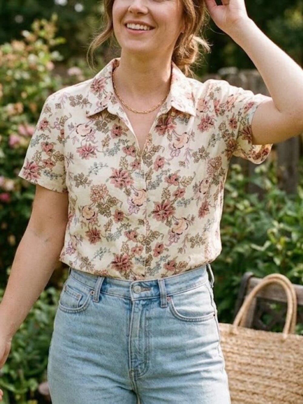 Lemon Grass Vintage Cottagecore Floral Button Front Short Sleeve Top Cream Large